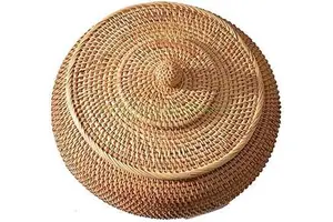 Round Rattan Boxes with Lid Hand-Woven Multi-Purpose Wicker Tray 8.5 Inch Picnic Food Bread Table Storage Basket