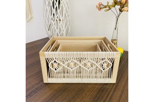 Handcrafted Wooden Storage Box with Cotton Rope Woven Details Sturdy & Decorative Home Organiser