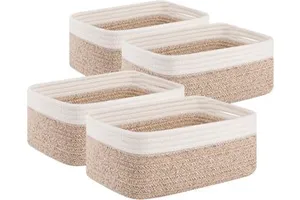 4-Piece Modern Rectangle Storage Bins Organizer Cute Brown/White 100% Cotton Eco-Friendly Multifunction 11.8''Lx7.8''Wx4.7''H