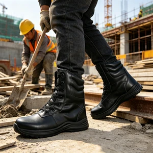 SOLID STONE Leather Safety Shoes High Ankle Waterproof Anti-Slip Steel Toe Work Footwear for Construction Site Outdoor Labor