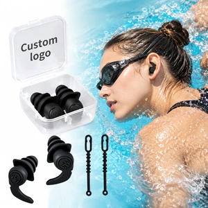 Factory Custom Logo Women 3 Layer Hearing Protection Waterproof Surf Swimming Silicon Ear Plugs With Anti-Drop Lanyard
