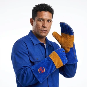Snell Safety Fire Resistant 14-Inch Blue Cow Split Leather Heat Resistant Welder Gloves Long Sleeve Safety Gloves for Welders