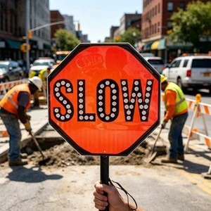 High Visibility Reflective Traffic Road Safety Paddle Sign Waterproof LED Handheld SLOW Sign