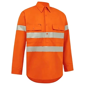 OEM Custom Logo Half-Placket Long Sleeve Hi Vis Reflective Safety Shirt ANSI Spring Autumn Industrial Workwear