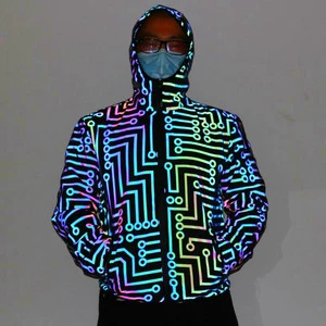 Reflective Mens Sports Laser Luminous Jacket Hip-hop Punk Style Coat Teen Fashion Hoodie For Club Pub Party