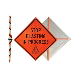 DINGFEI 36/48 Inch Reflective Stop Blasting in Progress Warning Roll up Traffic Control Sign