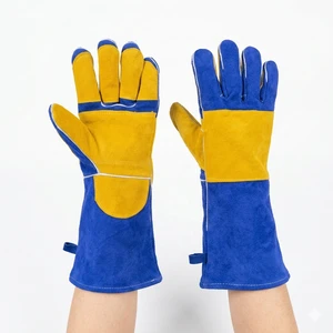 Royal Blue Long Cuff Cow Split Leather Welding Gloves Heat Resistant Anti Spatter Heavy Duty Welder Safety Gloves