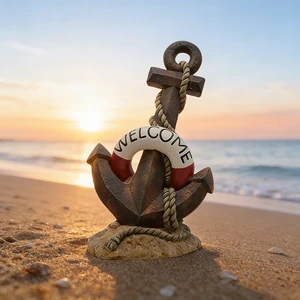 Resin Sculpted 'Welcome' Anchor Figurine Nautical Anchor with Lifebuoy Rope Beach Themed Home Decoration China B2B Wholesale
