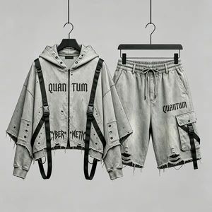 Wholesale OEM Apparel Acid Wash Techwear 2 Piece Jacket Set Distressed Cyberpunk Cargo Jogger Streetwear Kornit DTG Print