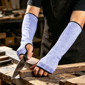 Blue and White Level 5 HPPE Cut-resistant Arm Sleeves with Thumb Hole, Black Binding