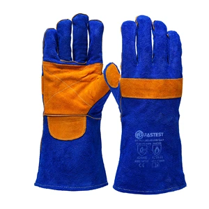 FT6636 14Inch Heat Resistant Cow Split Leather Welding Gloves Blue Five Finger Work Safety Gloves with Reinforced Palm