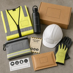 Custom Jobsite Safety PPE Welcome Kit With Hi Vis Vest Work Gloves Helmet Sticker Bottle And Mailer