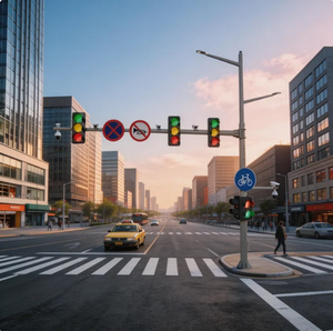 Smart Integrated Traffic Light Pole with Traffic Signals CCTV Cameras & Road Signs for Urban Traffic Management
