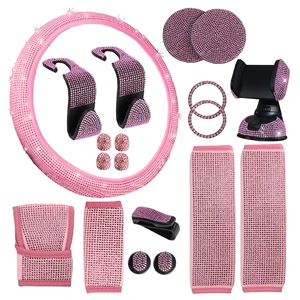 Rhinestone Car Interior Accessories Full Set Steering Wheel Cover Seat Belt Phone Holder Gear Shift Cover Women Car Decor Kits