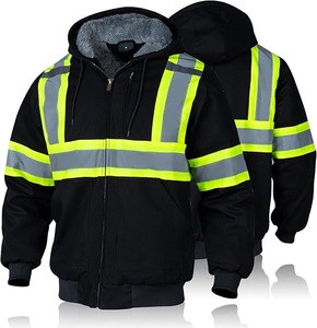 Men's Duck Canvas Bomber Hooded Jacket High Visibility Reflective Work Jacket With Cashmere Lining