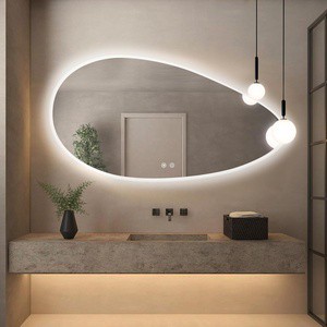 Large Asymmetrical Front Backlit Bathroom Mirror Irregular Oval LED 3 Color Temperature Dimmable Anti-Fog Feature Bath Mirrors