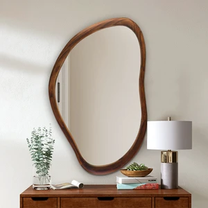 Nordic Minimalist Irregular Mirror With Dark Wood Frame, Scandinavian Style Asymmetric Mirror For Hotel