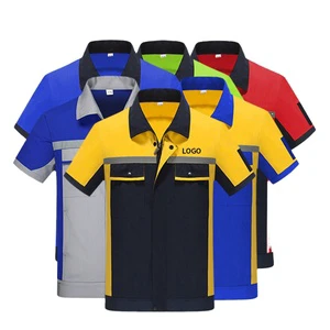 Industrial Safety Workwear Custom Team Logo Men Hidden Zipper Short Sleeve Mechanic Jacket Shirt With Hi Vis Reflective Stripe