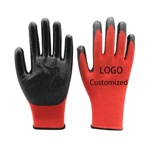 Industry Work Glove Factory Direct Construction Building Rugged Wear Work Non-slip Black Red Coated Nitrile Gloves