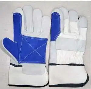 White Blue Genuine Leather Welding Gloves Split Back Lined Protective Industrial Driving Gloves Front Logo Customizable