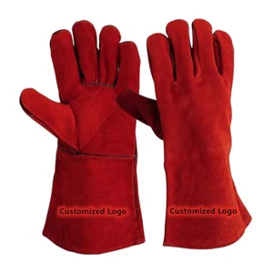Custom Heat Sparks Resistant Hot Cutting Material Handling Mig Tig Stick Welder Gloves Split Cowhide Leather Red Welding Gloves
