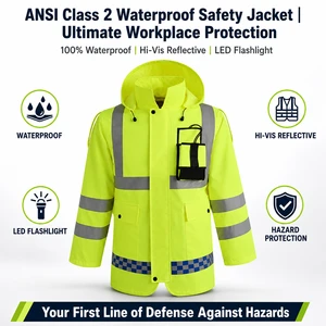 Reflective Breathable Hi Vis Safety Jacket ANSI Class 2 Waterproof Built-in LED Flashlight Logo for Construction Site Use