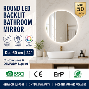 Joystar Modern 60cm LED IP44 Hotel Bathroom Mirror Backlit Dimmable 6500K Cool White Frameless Circular Metal Backing