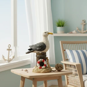 Resin Sculpted Animal Nautical Seagull Statue on Piling Lifebuoy Coastal Beach Home Decor B2B Wholesale Supply