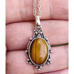 Natural Tiger's Eye Necklace Handmade Boho Sterling Silver Gemstone Bezel Setting Locket Pendant Simple Curb Link Chain Unique