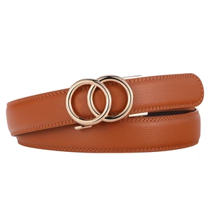Fashion Brown Leather Belt For Women With Gold Double-Ring Buckle