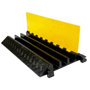 3-Channel Portable Speed Bump 23 Inch Width 40mm Height Natural Rubber + Carbon Black Reflective Yellow Lid 10-15mph Asphalt