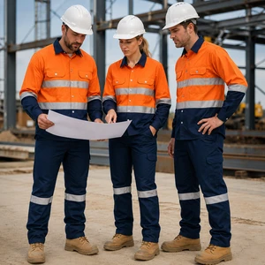 Custom Summer 2-Piece 100% Cotton High Visibility Reflective Workwear Set Unisex Shirt and Cargo Pants for Construction Mining