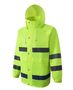 High Visibility Reflective Safety Rain Jacket with Hood, Fluorescent Yellow Waterproof Workwear for Construction & Road Workers