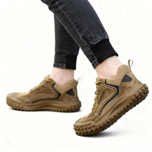 Summer Khaki Cow Leather Mesh Safety Shoes Men Anti-smash Anti-puncture Breathable Work Shoes Labor Protection Shoes