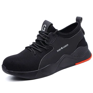 Work Boot Fashion Black Anti Slip Waterproof Leather Steel Toe Safety Shoes for Men Heavy Industry Flying Knit
