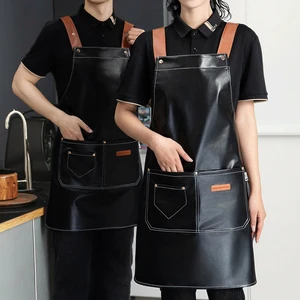 Custom Logo Waterproof Oil Proof Soft PU Leather Bib Apron With Sleeves Catering Restaurant Kitchen Chef Cooking Work Uniform