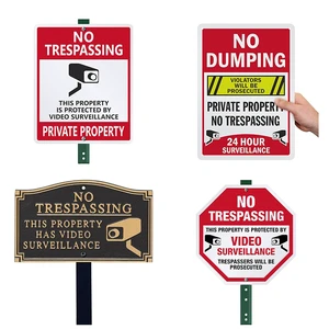 Custom Metal Aluminum Warning Signs Property Under 24 Hour Surveillance No Trespassing Sign No Soliciting Sign For Home