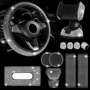 12Pcs Bling Car Steering Wheel Cover Auto Phone Holder Coaster Tissue Box Seat Belt Shoulder Pad Valve Decor Car Accessories Set