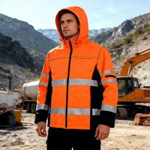Detachable Hood Softshell Reflective Jacket with Zipper High Visibility Orange Waterproof ANSI/EN ISO Class 3 Safety Workwear