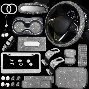 Women's Car Interior Accessories Set Leather Bling Steering Wheel Cover Hook Tissue Case Seat Belt Rear Mirror Cover Pendant