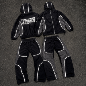 Luxury Reflective Techwear Tracksuit Set DTG Print Colorblock Hooded Jacket And Cargo Pants Men Streetwear Two Piece Set