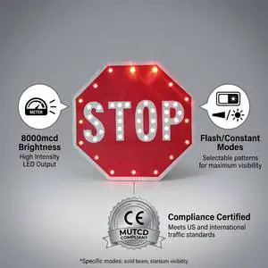 Solar Powered Octagonal STOP Sign Board | LED Flashing Warning Light | 24 Aluminum Reflective Traffic Control Sign for Road