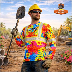 Custom Hawaiian Hi Vis Long Sleeve Shirt ANSI Class 2 Reflective Safety Work Shirt For Construction Men