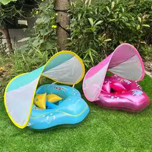 Canopy Design Kids Baby Swimming Float Ring PVC Inflatable Sun Shade Cover UV Protection Safety Lifebuoy Toddler Color Blocking
