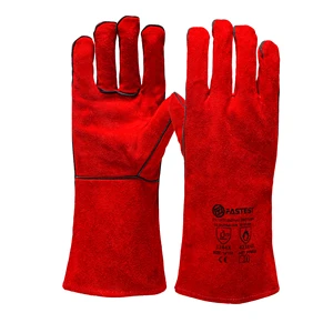 FT6632 14 Inch Heat Resistant Cow Split Leather Welding Gloves Red 5 Finger Heavy Duty Industrial Safety Welder Gloves