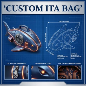 Futuristic Cyberpunk Shark Ita Bag Ballistic Nylon Neon Glow Porthole Window Tech Gear Zipper Pull Sci Fi Pin Display Backpack