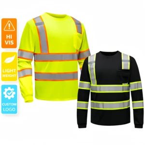 Hi Vis Black & Yellow Long Sleeve Safety Shirt With Reflective Strips High Visibility Construction Workwear T-Shirt For Men