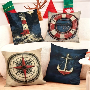 Nautical themed throw pillows featuring lighthouse lifebuoy compass and anchor designs for coastal home decor