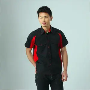 Men's Black Red Contrast Short Sleeve Work Shirt | Mechanic Workwear For Auto Repair Factory Workshop Custom Logo