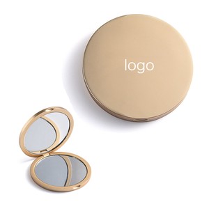 Custom Logo Round Gold Silkscreen Printing Metal Foldable Double Sided Vanity Makeup Mirror